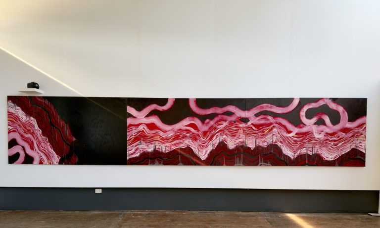 Canvas on three stretchers, total 122 x 640 cm.
Synthetic polymer and oil house-paints, soft pastel, gel pen,
and mirror on canvas,
‘impermanentator’ and soap bubbles